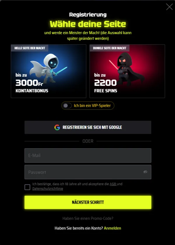 slotsvader signup page